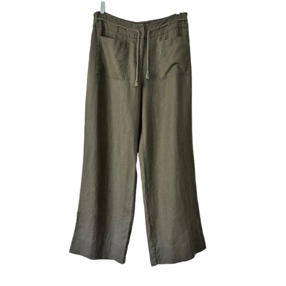 Chicos 100% Linen Wide Leg Pants Zip Up Olive Green Size 2.5 EUC